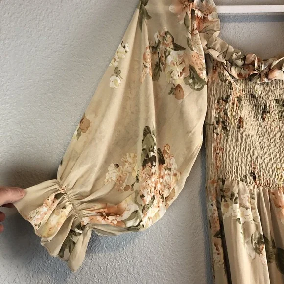 Aakaa Womens Babydoll Maxi Dress Small Floral Smocked Boho Cottagecore Elegant - Picture 3 of 12